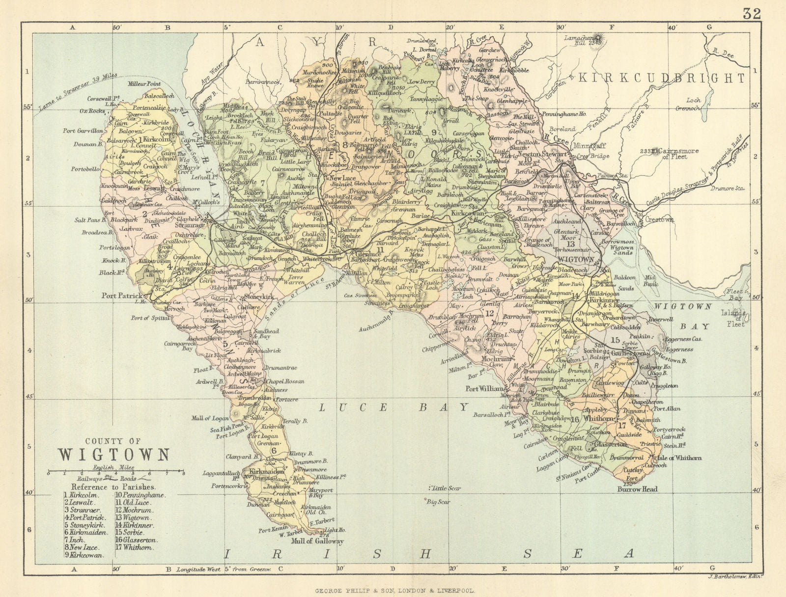 'County of Wigtown'. Wigtownshire. Parishes. BARTHOLOMEW 1886 old antique map